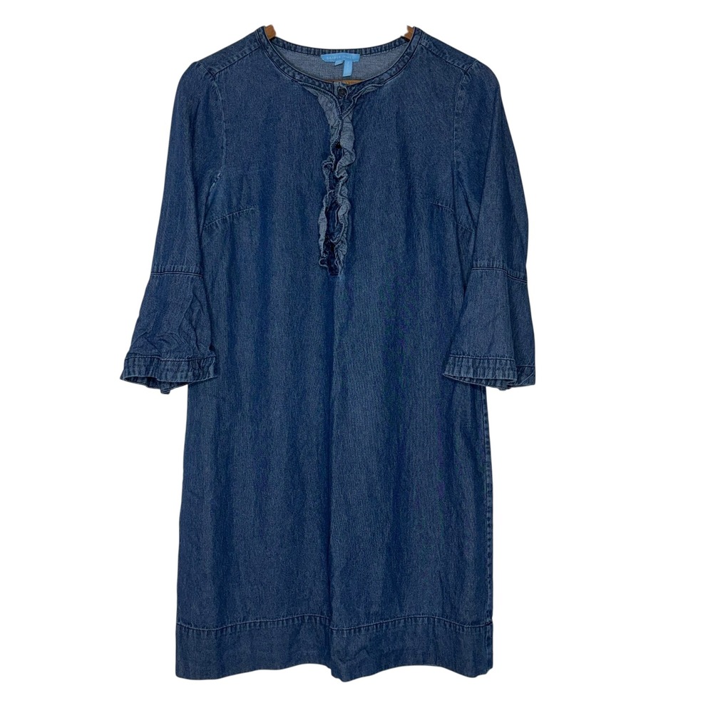Draper James Denim Dress Ruffle Front 3/4 Sleeve Casual‎ Blue Size 4